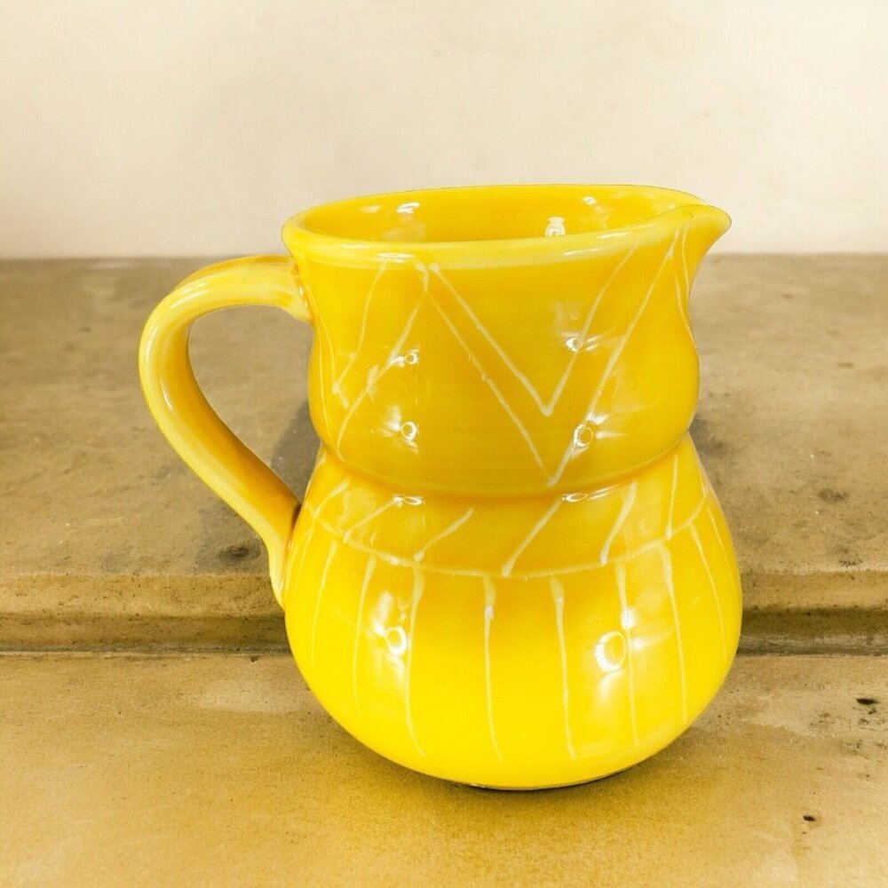 MANCER MANCIOLI Pottery Pitcher Carafe Yellow Mustard Glazed Hand Painted VTG
